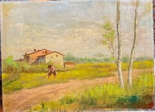 Autore non identificato - Olio su  tavola paesaggio rurale