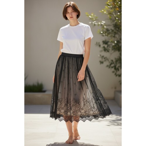 Gonna midi nera pizzo - , floreale