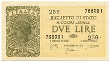 2 LIRE BIGLIETTO DI STATO LOGOTENENZA UMBERTO BOLAFFI 23/11/1944 FDS