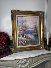 Dipinto olio colorato firmato vintage con cornice ornata oro Sorélle