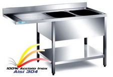 Lavello cm160x60x85 Acciaio Inox Lavatoio 2 Vasche Dx e Vano Lavastoviglie Sx 