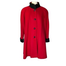 Vintage Leslie Fay 100% Wool Cherry Red Curly Fur Trim Retro Swing Coat Overcoat
