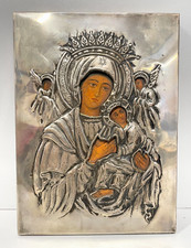 ICONA RELIGIOSA MADONNA con GESU' ANGELI LAMINA ARGENTO '800 LEGNO ARTE SACRA