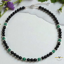 COLLANA UOMO DONNA OSSIDIANA NERA E MALACHITE PIETRE DURE NATURALI ACCIAIO