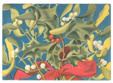 1949 MB cartolina auguri di Buon Natale vintage rami di vischio e agrifoglio