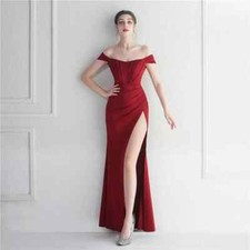 Vestito Abito Elegante Lungo Evento Sera Rosso 2 Spacco Corpetto Fascia 01597