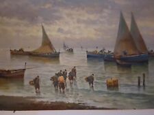 2quadri Miniaturizzati, antico olio su Compensato, Mare, Pescatori, Barche Vela,