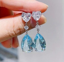 Orecchini pendenti goccia vera acquamarina e zaffiro GARANZIA argento 925 NUOVI