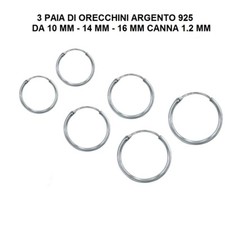 STOCK 3 COPPIE, 10/14/16 MM, ORECCHINI ARGENTO 925 CERCHIETTO, CERCHIO LISCIO 