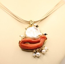 CIONDOLO ARGENTO CORALLO ROSSO E PERLA SCARAMAZZA COLLANA CM 45 ARTIGIANALE