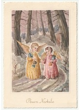 1956 F.M. bosco angeli regali di Natale per bambini cartolina natalizia vintage