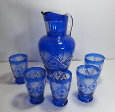 Servizio Caraffa Vintage con 5 Bicchieri Cristallo Boemia Inciso Blu Molato