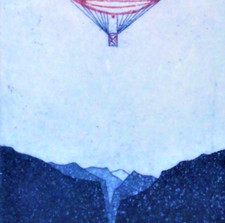 Monika ROHRMUS (1940) elegante acquaforte a colori 1972: PALLONCINO MANETTE SULLE MONTAGNE