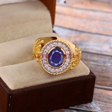 Riscaldato Zaffiro Gemma Con Placcato Oro 925 Argento Sterling Uomo Anello #4914