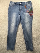 Jeans Twentytwo nero donna 22R blu vita media skinny ricamato floreale elasticizzato