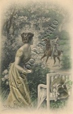 Dama con ombrello parasole e gentiluomo a cavallo / illustratore Wichera