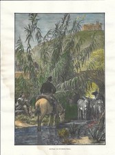 Stampa antica CAMPAGNA DI ROMA VALLE DI POUSSIN contadini asini 1880 Old print