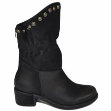 Stivaletti scarpe donna nero biker con borchie in pelle effetto nubuk  asimmetri
