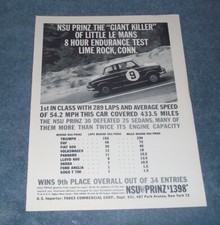 1960 NSU Prinz Vintage Ad "The Giant Killer of Little Le Mans..."