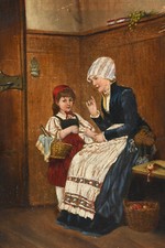 Antico dipinto fine 800, "Intimità domestica" con preziosa cornice dorata coeva