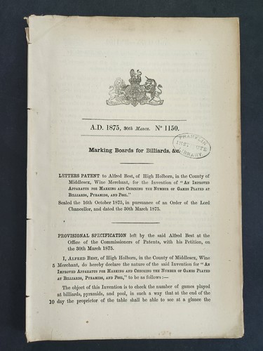 1875 antico brevetto biliardo - 1875,