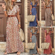 Femmes Boho Floral Col En V Maxi Robe Dames D'été Plage Décontracté Vacances /