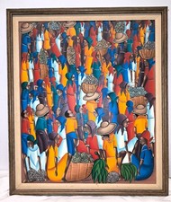 Original Oil Painting Black Art Market Scene Y Seraphin Colorful Frame $1,100.00