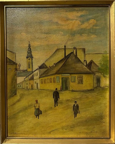 Dipinto olio scena villaggio