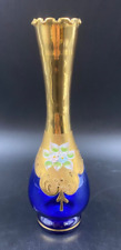 Vaso Soprammobile Murano vetro blu cobalt fiori smalto rilievo oro vecchio