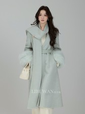 Cappotto lungo 90% lana blu invernale donna pelliccia di volpe cuufs cashmere caldo elegante giacca
