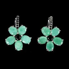 OVAL EMERALD & BLACK SPINEL 925 STERLING SILVER WHITE GOLD PL. EARRINGS