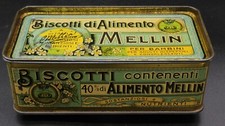 Antica Scatola Latta Biscotti Alimento Mellin Pubblicità Bambini Primi '900