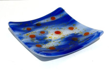 Piatto in vetro fuso blu brillante-multicolore pois quadrato moderno 5,5"