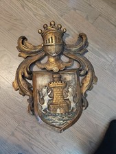 VINTAGE GRANDE STEMMA IN LEGNO INTAGLIATO PLACCA STEMMA STEMMA DA PARETE STEMMA - Crepa - SPAGNA