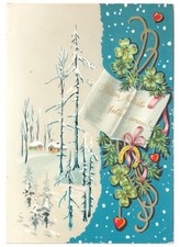 paesaggio innevato decorazioni natalizie cartolina Buon Natale vintage