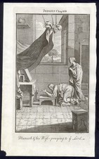 PREGHIERE DI MANAO E DELLA MOGLIE, grande incisione del 1735  + passepartout
