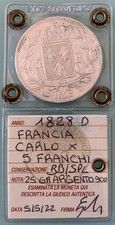 🧧🧧 Francia - 5 Franchi Argento Carlo X - Gr. 25 / Periziato BB/SPL   [1828 D]