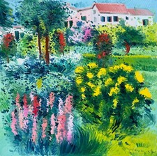 ATHOS FACCINCANI 70x70 olio su tela paesaggio con case anni '80