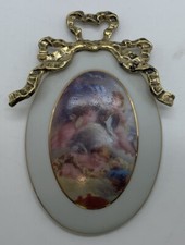 Targa In Ceramica Con Angioletti Limoges Decoré A La Main Usato Ovale