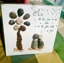 Quadro artigianale legno a mano sassi naturali corteccia pezzo unico con gancio