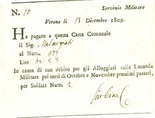 1809 VERONA MALMIGNATI paga affitto Locanda Militare per due soldati *Ricevuta