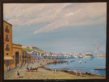 Gouache Napoletana Originale Veduta del Golfo di Napoli da Mergellina in Cornice