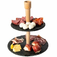 ALZATINA STAND PORTA DOLCI RUSTICI 2 PIANI IN ARDESIA 20/25CM LEGNO FINGER FOOD