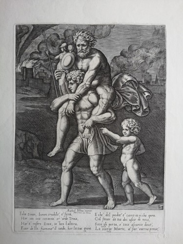 Incisione antica enea fugge - enea,
