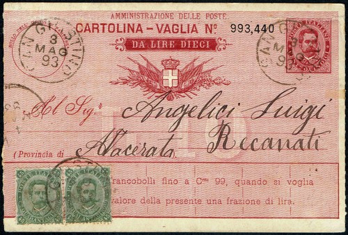 Cartolina vaglia lire dieci - cartolina,