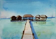 Quadro Hawaii acquerello arte originale bungalow dipinto cielo opera d'arte paesaggio marino