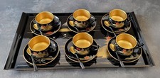 Antico servizio Giapponese da The e caffè in legno laccato nero dipinto 19 Pezzi