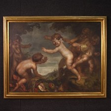 Dipinto firmato Mattia Traverso quadro ad olio su tela gioco di putti XX secolo