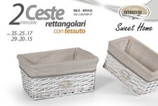 SET 2 CESTE RETANGOLARI VIMINI BIANCO RIVESTITE TESSUTO BAGNO CUCINA 35/29 CM