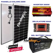 KIT FOTOVOLTAICO 1KW GIORNALIERO INVERTER 3000W PANNELLO SOLARE 250W BATTERIA 1